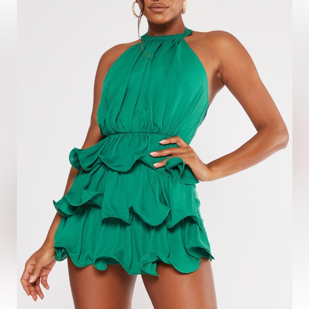 Green Tiered Frill Short Halterneck Romper